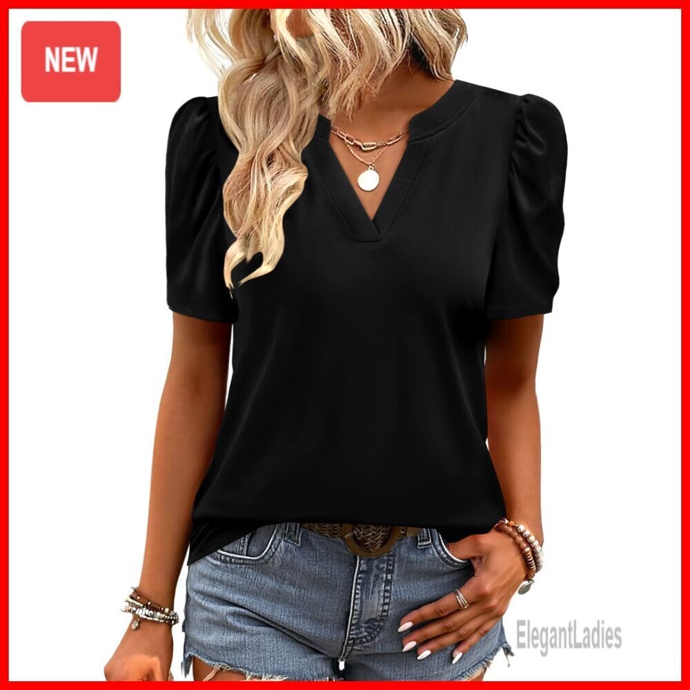 Puff Sleeve V-Neck Blouse, Polyester Spandex, Dressy Casual Top
